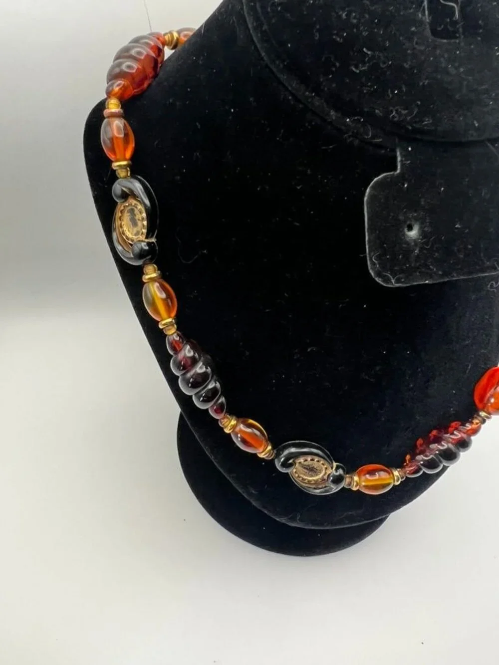 Vintage Art Glass Bead Necklace Amber Black Gold Medallion Lampwork Style